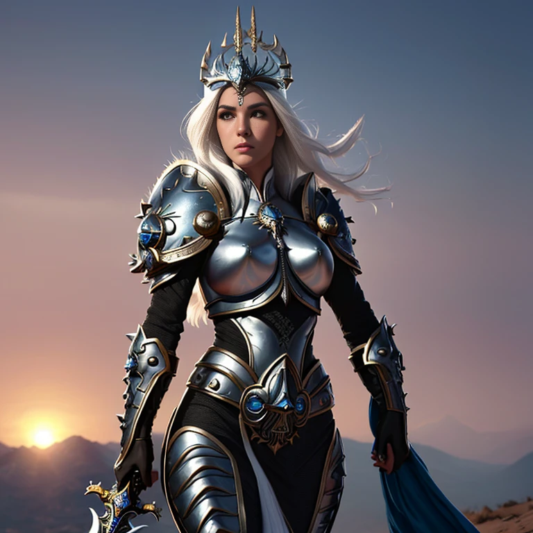 1 mulher elfa alta, de cabelo branco e bonita,, melhor qualidade, (beleza), 1 , Scenario-based rendering, cintura estreita, magro, olhos grandes, pernas longas, (seios pequenos), olhos inchados, de frente para um penhasco, fim de tarde, (sun sunset), de frente para o espectador, postura de luta, (segurando uma espada e escudo), a cold expression, armadura de dourada por todo o corpo
