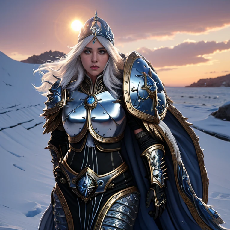 1 mulher elfa alta, de cabelo branco e bonita,, melhor qualidade, (beleza), 1 , Scenario-based rendering, cintura estreita, magro, olhos grandes, pernas longas, (seios pequenos), olhos inchados, de frente para um penhasco, fim de tarde, (sun sunset), de frente para o espectador, postura de luta, (segurando uma espada e escudo), a cold expression, armadura de dourada por todo o corpo