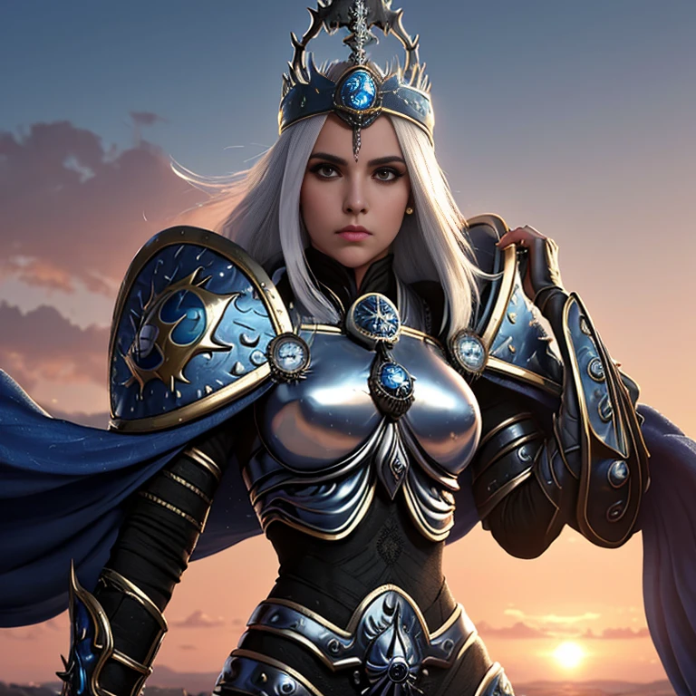 1 mulher elfa alta, de cabelo branco e bonita,, melhor qualidade, (beleza), 1 , Scenario-based rendering, cintura estreita, magro, olhos grandes, pernas longas, (seios pequenos), olhos inchados, de frente para um penhasco, fim de tarde, (sun sunset), de frente para o espectador, postura de luta, (segurando uma espada e escudo), a cold expression, armadura de dourada por todo o corpo