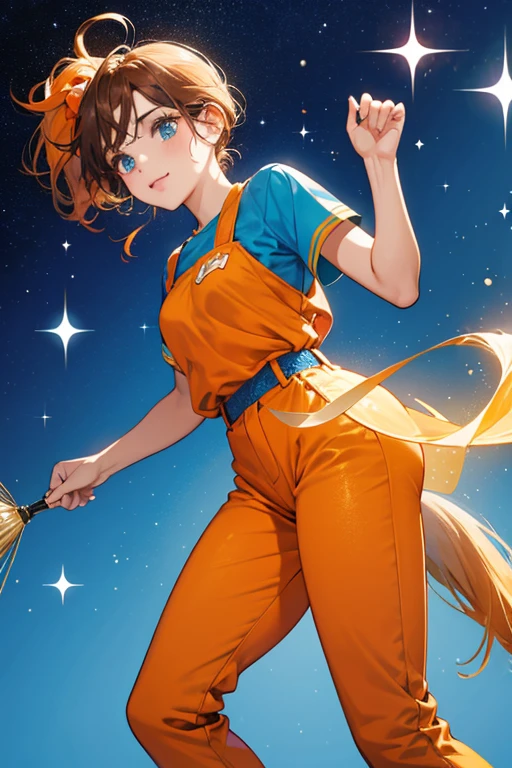 brown girl dog orange-colored wears a light blue outfit, and dark blue pants. SPARKLE; GLITTER