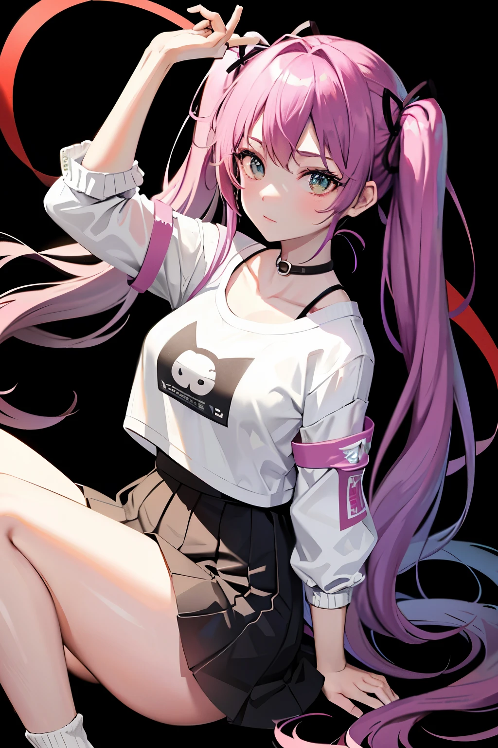 colored inner hair, twintails, ribbon, anime, UHD, (textured skin), best quality, ((super detail), High school girl, casual clothes, ((summer knit)), collarbone showing, crew neck