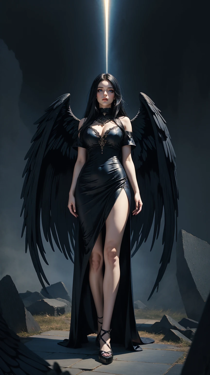 A woman in a long (suggestive dress) of a gothic style, body with pale skin, hair lifted by the wind, straight long black hair, two pairs of black wings, spread black wings, thick thighs, full body, turned legs, (full sky of background:1.2), deep blue tones, soft lighting, (masterpiece, best quality:1.2)