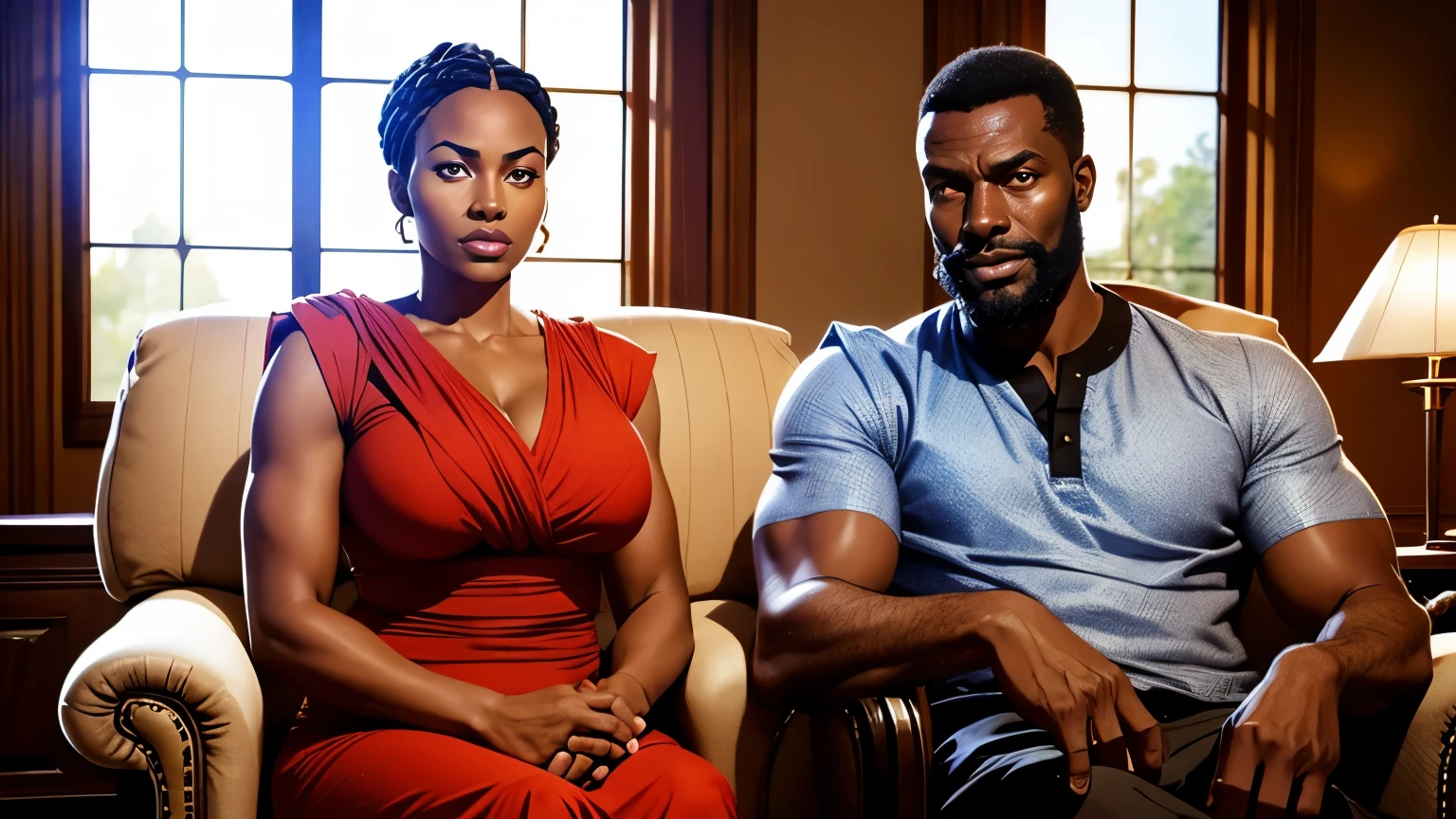 dark tall african man, very handsome . muscles, sitting with his beautiful wife, beautiful round face,  looking african curvy lady in the sitting room, with short braids hair