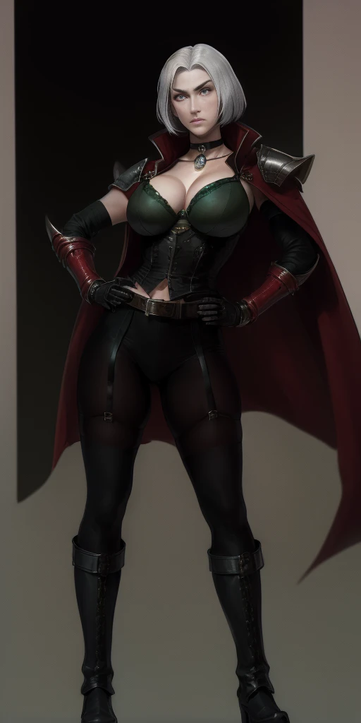 ((Plain background 1:2)) Female full body standing straight symmetrical looking to the viewer RED full body armored (handcuffs, shackles, rerebrace, faulds, poleyn, gauntlets, leather collar choker, gloves, gauntlets, high boots bootstraps, black stockings) 2 crossing big belt under belly button, navel, abs, garter straps belts attaching bra ((hands on hips)) view from below, wide hips - choppy bangs, arched crescent eyebrows, sharp and determined eyes, a delicate oval face, a serious expression, a fantasy-style dark green military coat, draped with a dark red cloak, leather combat boots, silver greaves leggings, this character embodies a finely crafted fantasy style female military officer in anime style, exquisite and mature manga art style, pale skin, big breast knockers cleavage