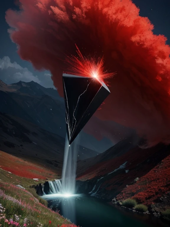 A flying black diamond stone shooting a red stream of destruction, meadow background