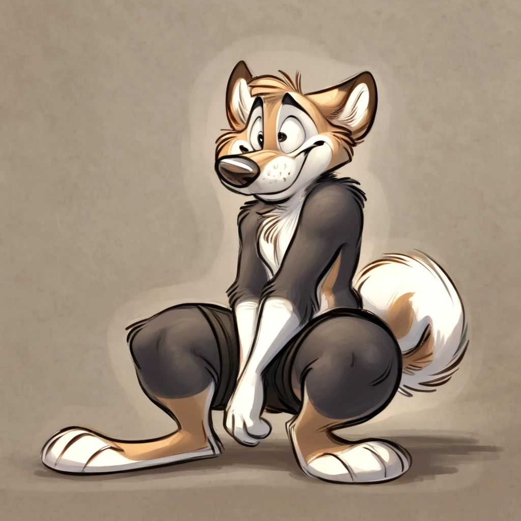 Hunter from Road Rovers, 1boy, male focus, furry, wearing black shorts, thick thighs, hind legs, messed up eyes, acting stupid,