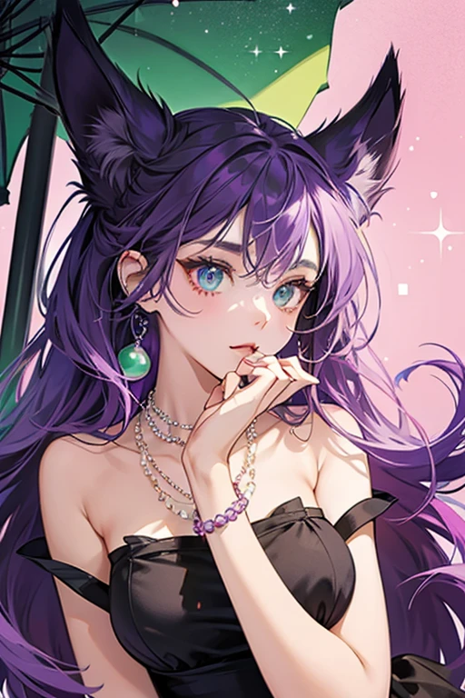 Siamese girl cat. She has purple fur, paws of darker purple, and is usually seen wearing tinted, slightly green sunglasses. , wears a green pearl necklace and matching green pearl bracelets. SPARKLE; GLITTER