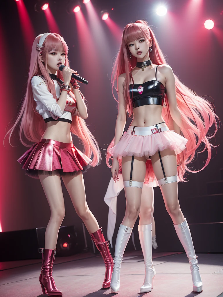 ((Masterpiece, best quality, photorealistic,)) BLACKPINK's lalisa standing, with very straight long bob hair, (red extensions metallic colors), (Kpop look miniskirt, tulle, top, pink and white underwear, boots) , full body view, stage.