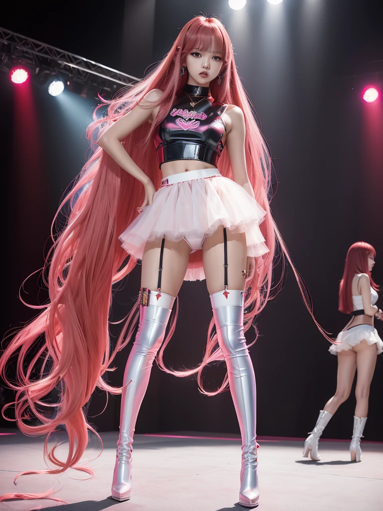 ((Masterpiece, best quality, photorealistic,)) BLACKPINK's lalisa standing, with very straight long bob hair, (red extensions metallic colors), (Kpop look miniskirt, tulle, top, pink and white underwear, boots) , full body view, stage.