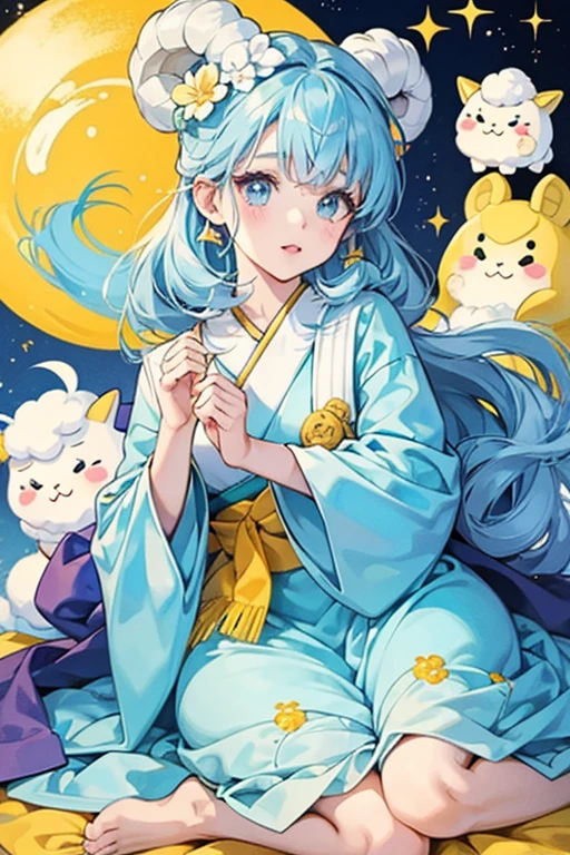 white girl lamb character from the Japanese company Sanrio. She has a tuft of yellow wool on the top of her head and she's barefoot. She wears a powder blue dress and holly in her hair. SPARKLE; GLITTER