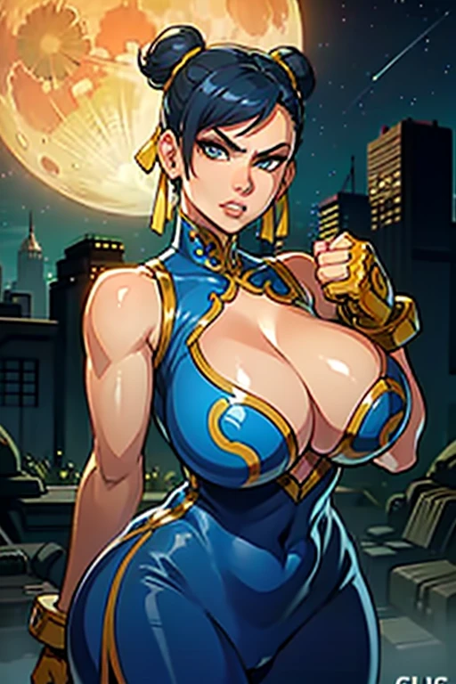 Waifu, masterpiece, curvy, breasts, moon, full moon, gloves, 1girl, clenched teeth, chun-li, cleavage, large breasts, teeth, aqua hair, red gloves, tank top, blue eyes, rating:explicit,rule34, hardcore, ,,clenched hands, punching, night, sky, jumpsuit, pants, bare shoulders, blue hair, clenched hand, rating:questionable, short hair, belt, green hair, solo, angry, orange gloves, lip biting(gigantic and massive tits:1.1), breasts, official illustration, illustration, detailed face, beautiful intricate eyes, curvy milf, 1:2), closeup, titsnipples