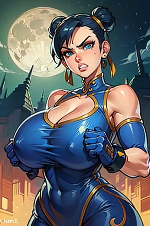 Waifu, masterpiece, curvy, , moon, full moon, gloves, 1girl, clenched teeth, chun-li, cleavag breasts, teeth,air, red gloves, tank top, blue eyes, rating:explicit,rule34, hardcore, ,,clenched hnching, night, sky, jumpsuit, pants, bare shoulders, blue hair, clenched hand, rating:questionable, short hair, belt, green hair, solo, angry, orange gloves, lip biting(gigantic and massive tits:1.1), breasts, official itration, ilion, detailed face, beautiful intricate eyes, curvy milf, 1:2), closeup, titsnipples