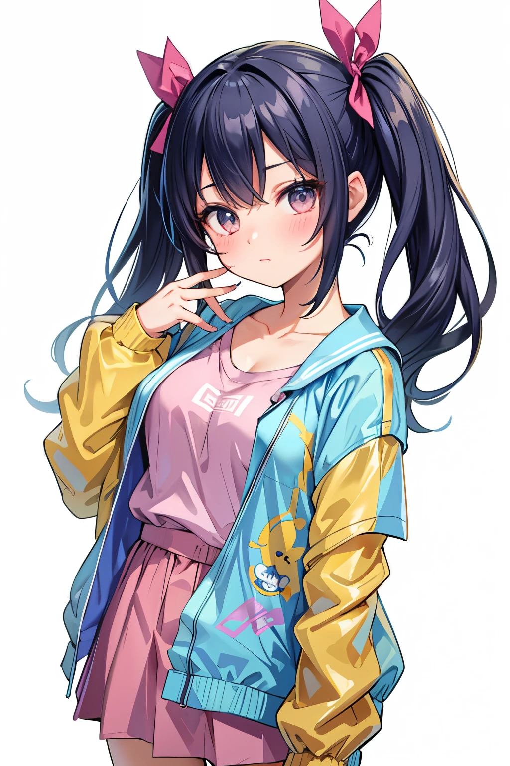 colored inner hair, twintails, ribbon, anime, UHD, (textured skin), best quality, ((super detail), High school girl, casual clothes, ((Windbreaker)), collarbone showing, crew neck