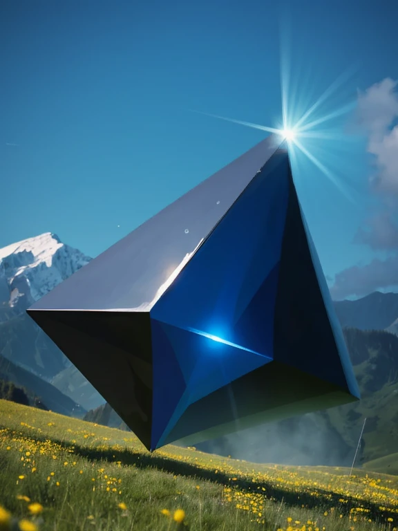 A flying black diamond stone shooting a blue beam, meadow background