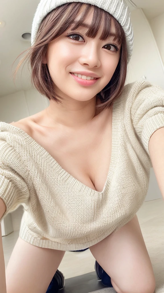 Pee (incontinence: 1.47), fashion trendy beautiful and attractive woman, gentle and attractive Chinese beautiful woman, Korean (kpop idol), delicate and sexy collarbone, attractive oval face, double eyelids, smart [peach] flower eyes, pink lips, small nose, bare shoulders, focus on face, [[face close-up], ultra high definition, super detail, White off-shoulder lace shirt, (((white lace panties), fresh and impressive, natural (large: 1.25), (kneel on the ground), (legs wide open), (legs spread), (from a low angle), (upright 1.5), (shiny skin: 1.4), (low angle)), perfect figure, areola, cleavage, armpit wrinkles, (floor urine)), (NSFW: 1.05), ( Showpiece, top quality, high precision)), one girl, (big, photorealistic: 1.4), (slightly above the camera, looking up at the camera, looking up, looking up at the camera, staring at the camera))), solo, solo, white background, snow-white background, mouth closed, happy smile, pretty black hair, short hair, big eyes, pronounced double eyelids, eyelashes, ears out, long neck, long neck, Absolute area, ((close-up of face, short hair with bangs)), 19 years old, attractive proportions, shiny skin, clean collarbone, golden ratio face, perfect face, teardrop mole, chest mole, bangs, clean bangs, beautiful bangs, lip gloss, thin lips, white skin, undressed, big breasts, small face, staring at the camera a little upwards, ((smiling a little at the camera, really nothing pure white backgroundBig big, big breasts, very big)), ((((uniform, shirt, knitted hat)))