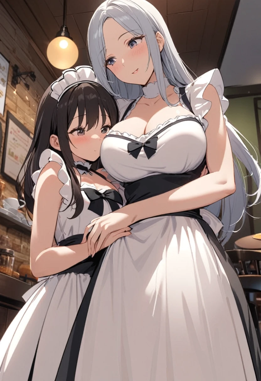 (a miniature woman standing besides a giantess girl: 1.1), (two girls standing next to each other with height difference: 1.2), (hugging), (yuri: 1.2) closeup breasts and face, (from below view: 1.2), (medium sized breasts), cleavage, (indoors: 1.1), (2girls: 1.5), (height difference: 1.9), (size difference: 1.3), (mature adult woman: 1.3), (yuri: 1.2), (cafe: 1.1), cute dress, maid uniform