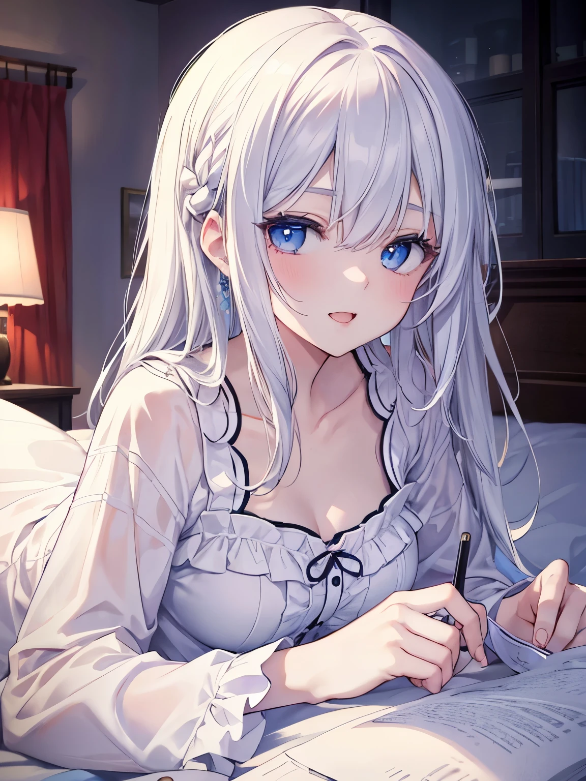 Masutepiece, Highest Quality, (Perfect face:1.1), (high detailing:1.1), (ultradetailed eyes), Dramatic,superfine illustration,Extremely detailed,1girl in,teenager,pale skin,long white hair,Ethereal eyes,Blue eyes, With eyes highlights,Solo,Smile,Happy,Laugh,Enjoy, Open mouth,Pouty lips,Cinematic lighting, Cowboy Shot, pajamas, sleeping, lying down,indoor,bedroom,midnight