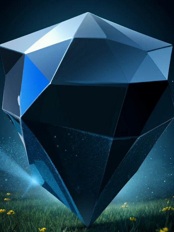 A flying black diamond stone shooting a blue beam, meadow background