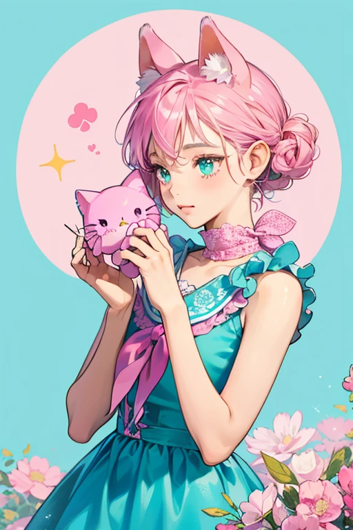 Frido is an indigo-colored girl cat with slight resemblance to Hello Kitty. She has pink inside her ears and some turquoise whiskers and eyelashes, and wears a pink sleeveless dress with a white kerchief around her neck and a turquoise flower near her left ear. Her hands in the show have pink paw pads. SPARKLE; GLITTER
