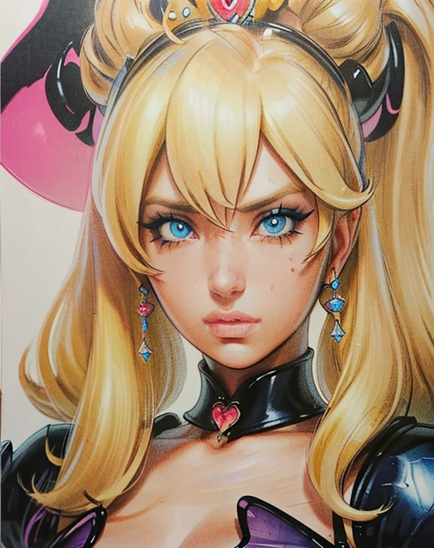 masterpiece, best quality, Princess Peach,(best shadow),1girl,blue eyes, blonde hair, tears, leather collar,steamy,looking at viewer,expressive eyes, marker \(medium\), traditional media