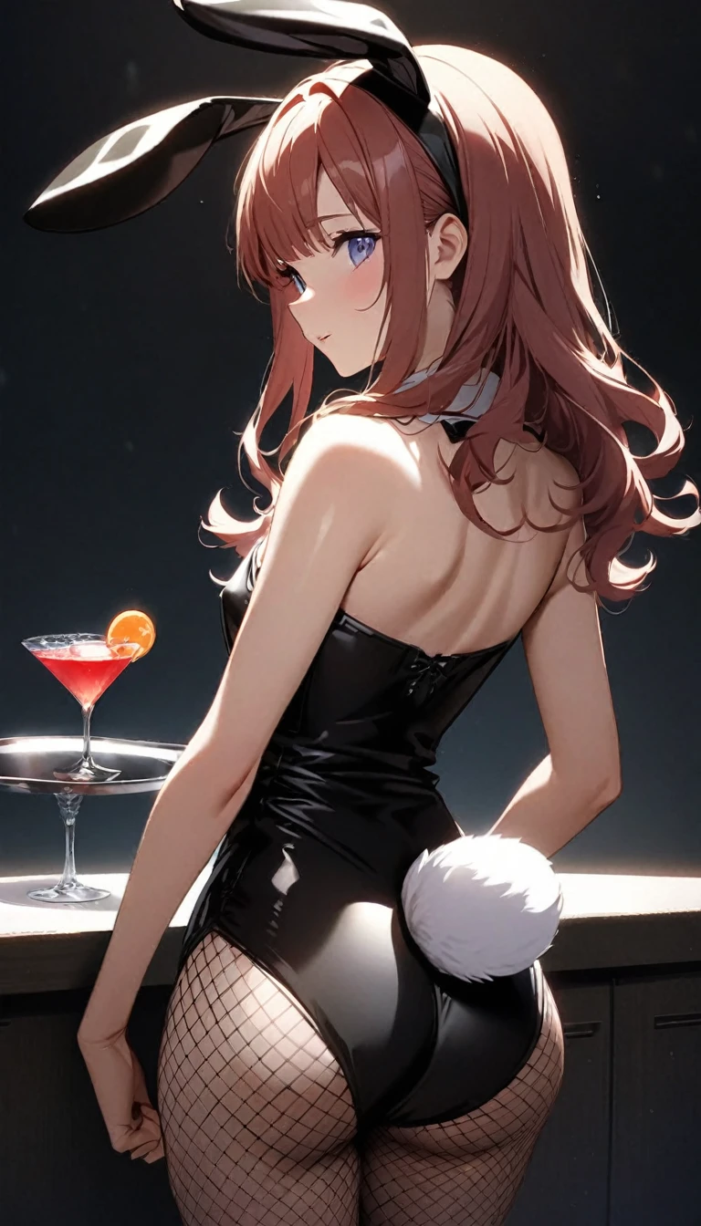 (Cute a girl:1.5), (masterpiece:1.3), anime visual, (Black bunny girl costume, red high heels,High leg, fishnet stockings, white bunny tail, black bunny ears, back view, looking back, holding a tray with a tail on it,:1.3 ), (Lovey-dovey:1.5), (tilt head:1.3), extremely delicate face, soft clean focus, realistic lighting and shading, (an extremely delicate and beautiful art:1.3), elegant, (muted colors:1.1),(a girl withlavender-colored wavy hair and blunt bangs hair and green eyes:1.4), flat chest,slim,smile,Slender, A smile like the sun, a flawless performance,
behavior that seems invincible,
and naturally drawn eyes,blush,
