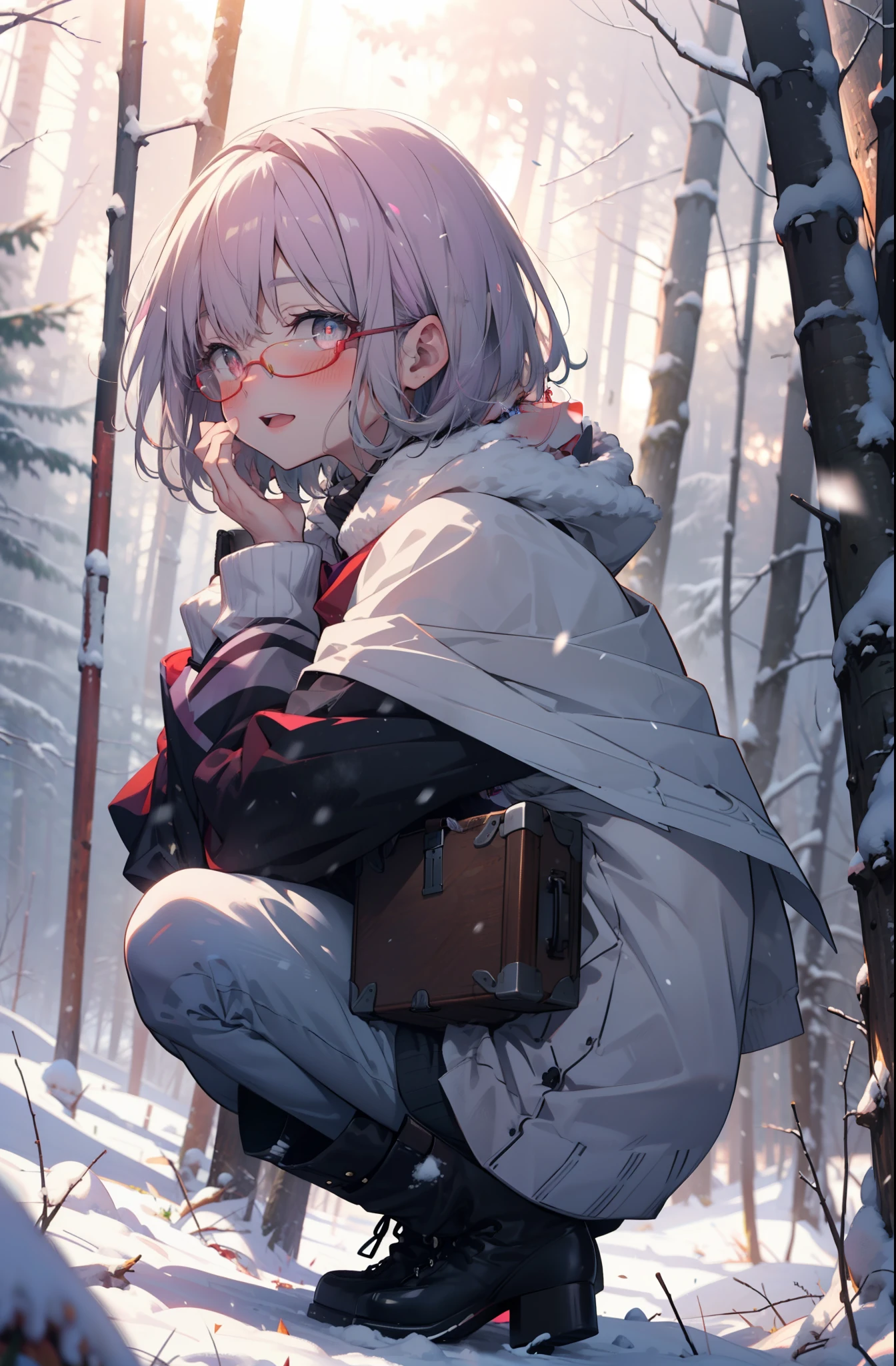 akaneshinjou, shinjou akane, Light purple hair, (Pink Eyes:1.2), short hair,Akagi Glasses,hair band,smile,blush,White Breath,,
Open your mouth,snow,Ground bonfire, Outdoor, boots, snowing, From the side, wood, suitcase, Cape, Blurred, having meal, forest, White handbag, nature, Squat, Mouth closed, Cape, winter, Written boundary depth, Black shoes, red Cape break looking at viewer, Upper Body, whole body, break Outdoor, forest, nature, break (masterpiece:1.2), highest quality, High resolution, unity 8k wallpaper, (shape:0.8), (Beautiful and beautiful eyes:1.6), Highly detailed face, Perfect lighting, Extremely detailed CG, (Perfect hands, Perfect Anatomy),