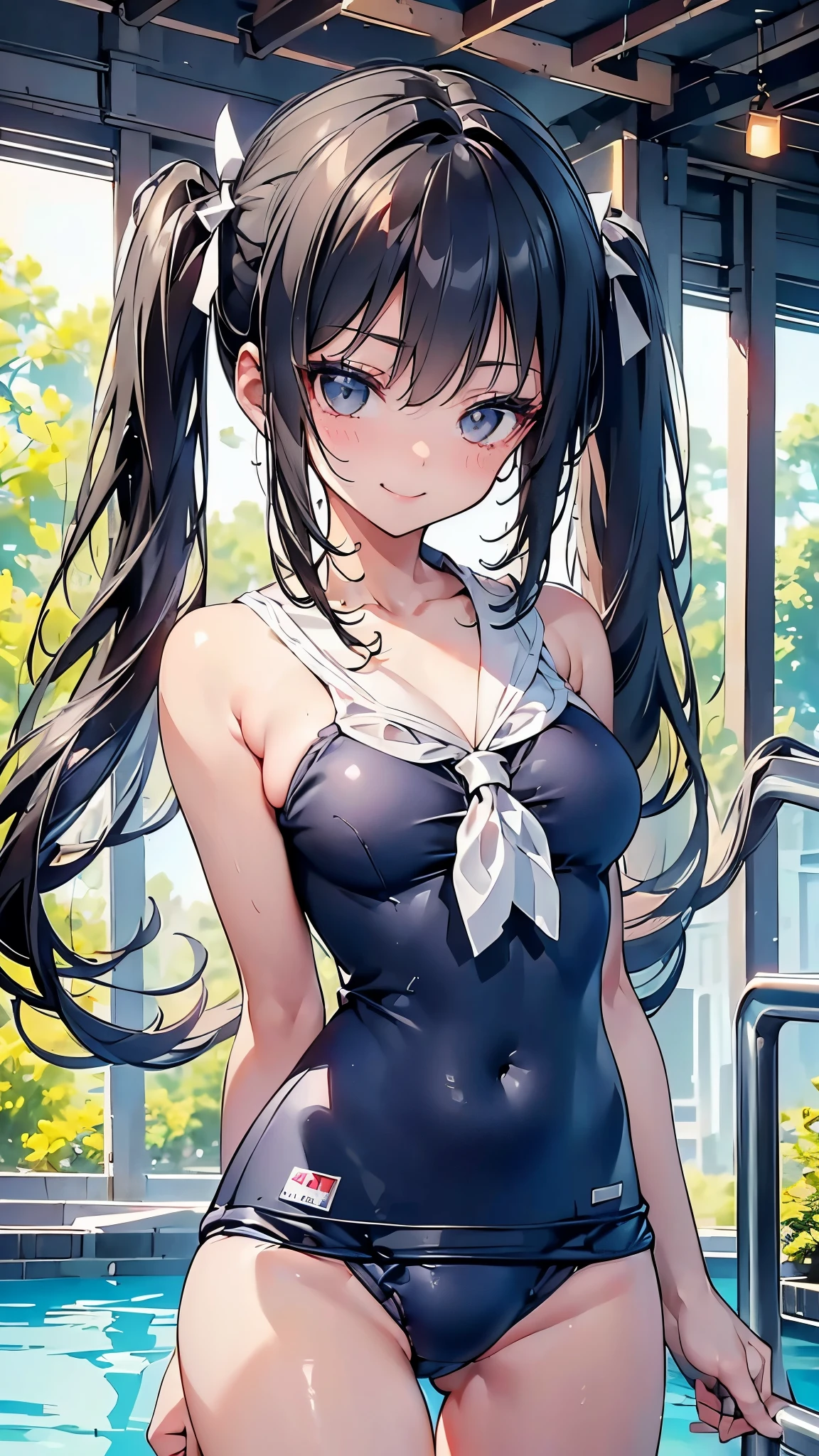 (8k、Best image quality、highest quality、masterpiece)、Detailed face、One girl、Black Hair、Long Hair、twintails、Grey Eyes、smile、Moderate breasts、((school swimsuit))、Cowboy Shot、Pool Background、