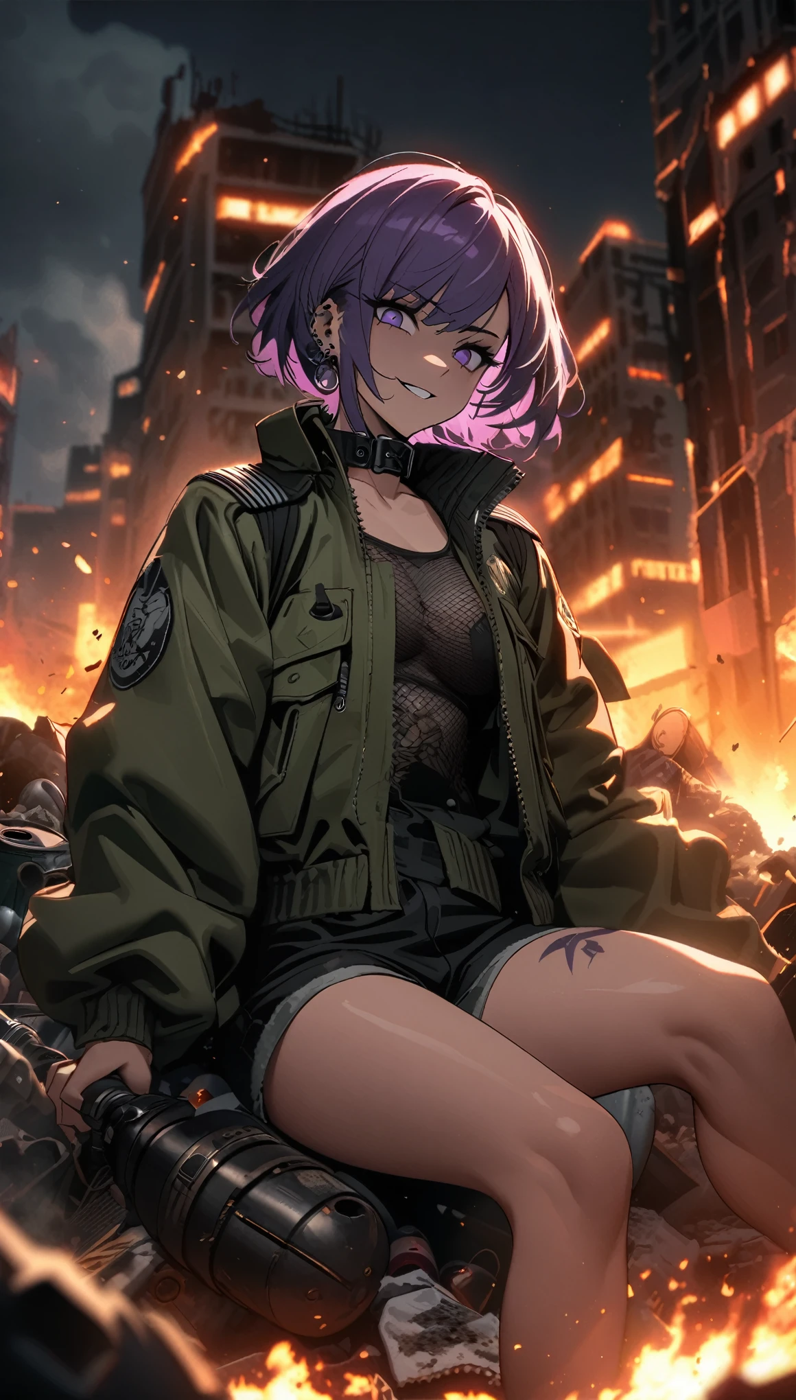 hyperdetailed cinematic comic artwork of a badass punkgirl,sitting on a pile of trash, open legs, she is looking down to you, mischevious, busy street, wearing a militar jacket, shorts, tattoos over the skin, sensual, detailed body, purple hair, cap, confident smile, 8k, perfect anatomy, depth of field, apocalypse background, destroyed city, trash, dark, at night, fire, smoke, green jacket, perfect face, expressive eyes, extreme shading, dramatic lighting, particles, short hair, stylish, grenades, jacket full of pockets and zippers, collars, piercings,
