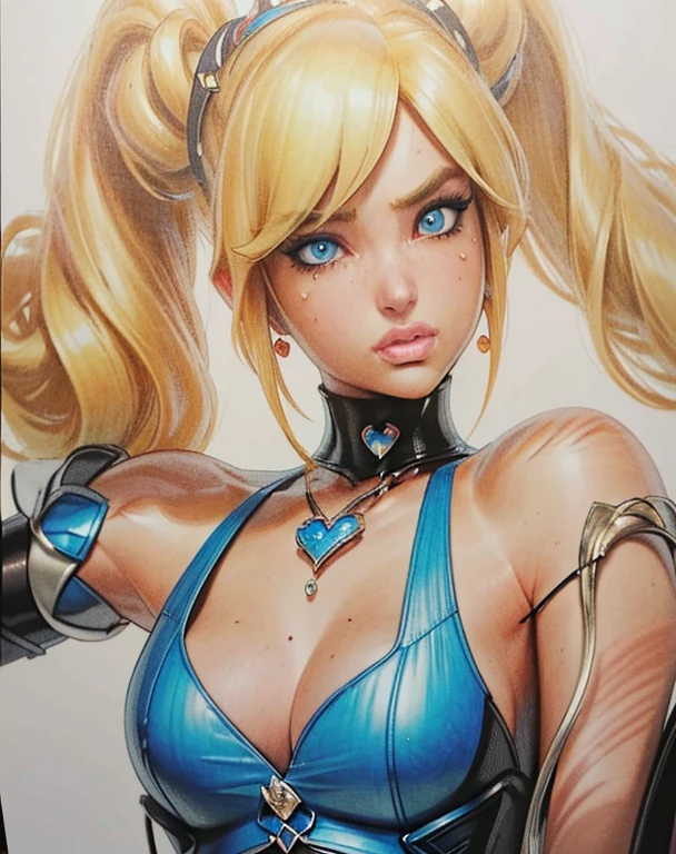 masterpiece, best quality, Princess Peach,(best shadow),1girl,blue eyes, blonde hair, tears, leather collar,steamy,looking at viewer,expressive eyes, marker \(medium\), traditional media