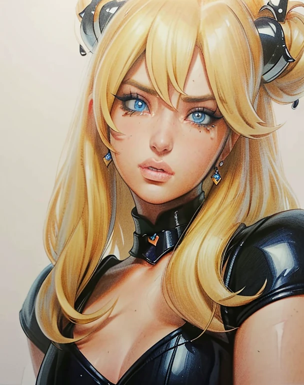 masterpiece, best quality, Princess Peach,(best shadow),1girl,blue eyes, blonde hair, tears, leather collar,steamy,looking at viewer,expressive eyes, marker \(medium\), traditional media