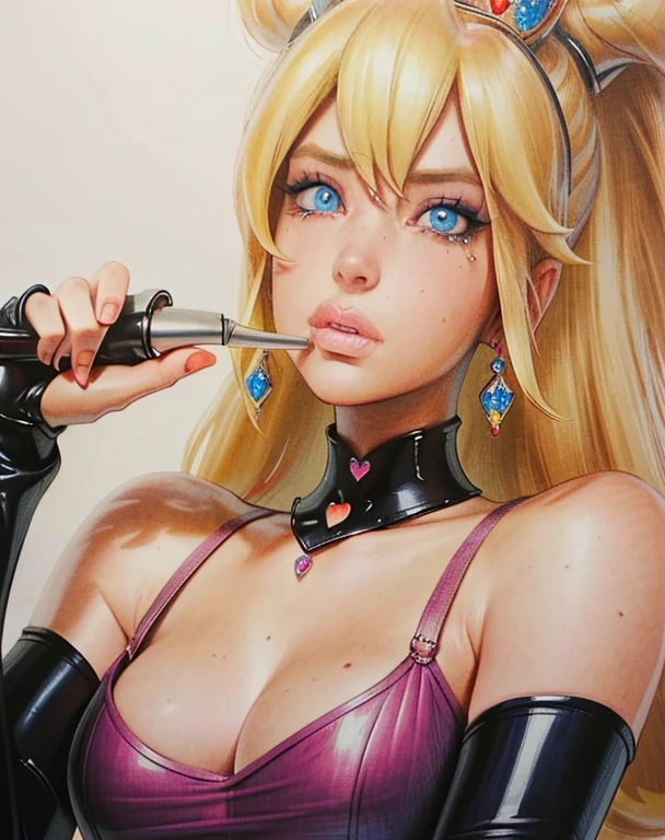 masterpiece, best quality, Princess Peach,(best shadow),1girl,blue eyes, blonde hair, tears, leather collar,steamy,looking at viewer,expressive eyes, marker \(medium\), traditional media