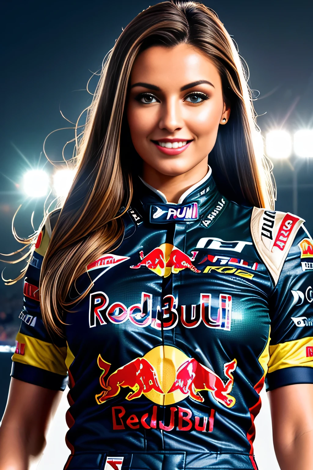 (best quality,highres,ultra-detailed),beautiful girl,light brown hair,green eyes,Imola F1 grand prix,girl wearing an edecan redbull outfit,portrait,studio lighting,realistic,vivid colors,lively atmosphere,exciting race,f ast F1 ((redbull car)) ,instant action,thrilling moments,cheering crowd,breathtaking speed,curved tracks,impressive circuits,innovative technology,spectacular view,energetic atmosphere,smiling face,dynamic poses,confident attitude,graceful presence,positive energy,excitement in the air,passionate fans,exciting race cars,racing roars,speedy turns,captivating beauty,celebrating victory,unforgettable experience,adrenaline rush,memorable moments.