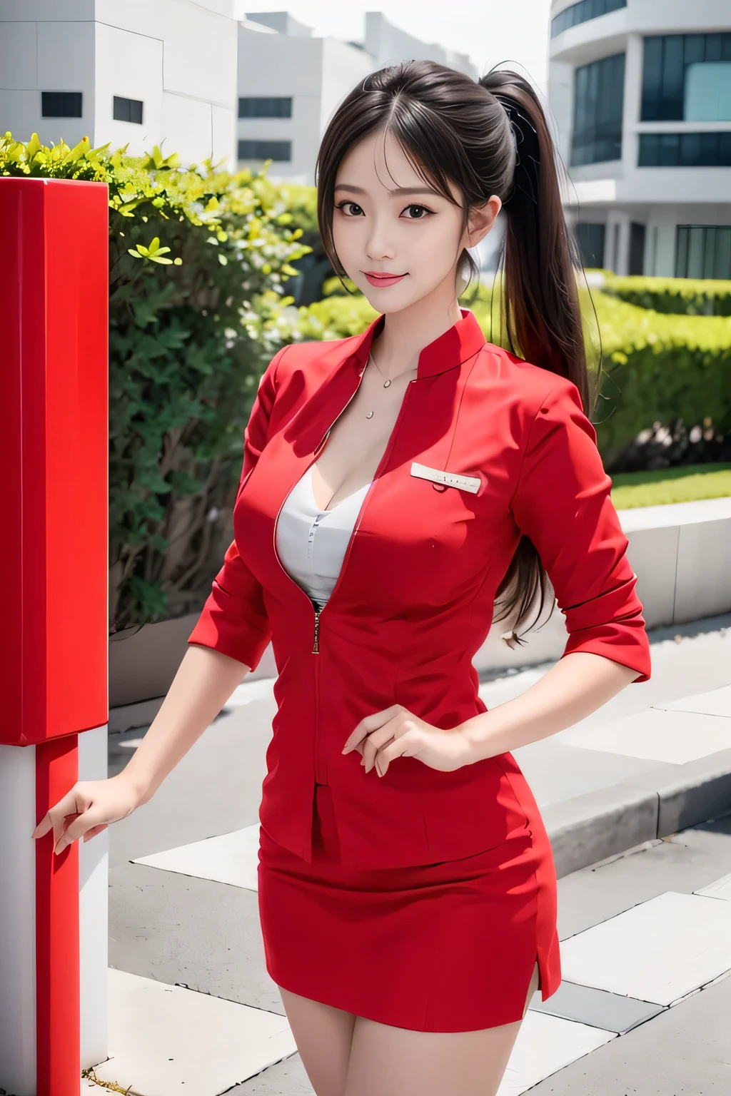 (masterpiece:1.2, highest quality:1.2), 32K HDR, High resolution, (alone、1 girl)、(At the airport entrance、Professional Lighting)、Skyscraper Background、Beautiful city view、(Realistic style with AirAsia flight attendant uniforms)、(AirAsia uniform unzipped red jacket、AirAsia uniform long sleeve red jacket、AirAsia uniform red mini tight skirt、AirAsia uniform white shirt unbuttoned)、Big breasts showing cleavage、(AirAsia uniform shirt cleavage reveals big boobs)、Dark brown hair、ponytail、Red rubber band、(Long hair that reaches down to the legs、Tie your hair behind your head、Her tied-up long hair flutters in the wind)、A strong wind is blowing、Long Shot、((Fine hand:2.0)),((Harmonious body proportions:1.5)),((Normal limbs:2.0)),((Normal finger:2.0)),((Delicate eyes:2.0)),((Normal eyes:2.0)))、Luxury Necklace、Beautiful standing posture