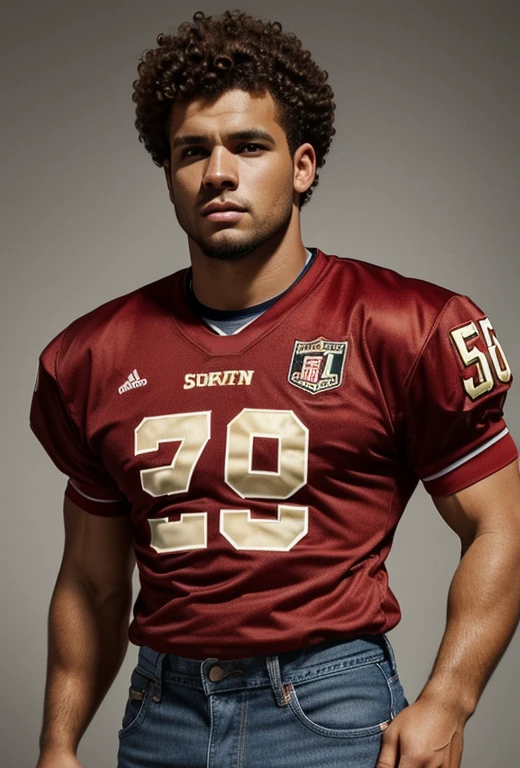 twenty six year old man, short cropped curly sandy hair, barrel-chested and heavy physique, square face, photorealism, high quality, 8k, 90s style, 1990s, red football jersey with the number 57 and jeans, no background