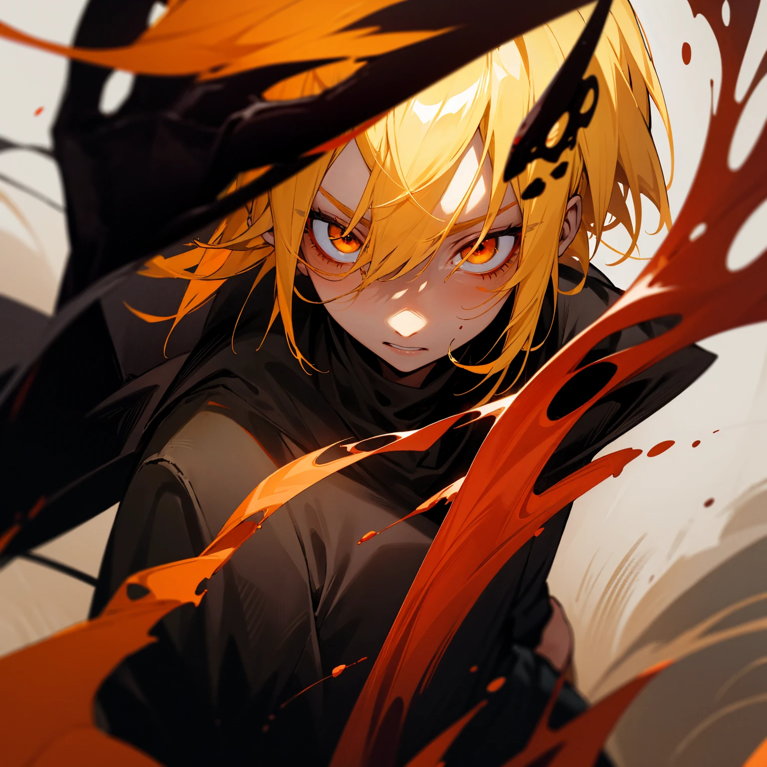 Black background, behind there is a big red eye, blood coming out of the big eye, in the front there is a boy, yellow eyes, yellow hair, tense features, mystery, upper body.