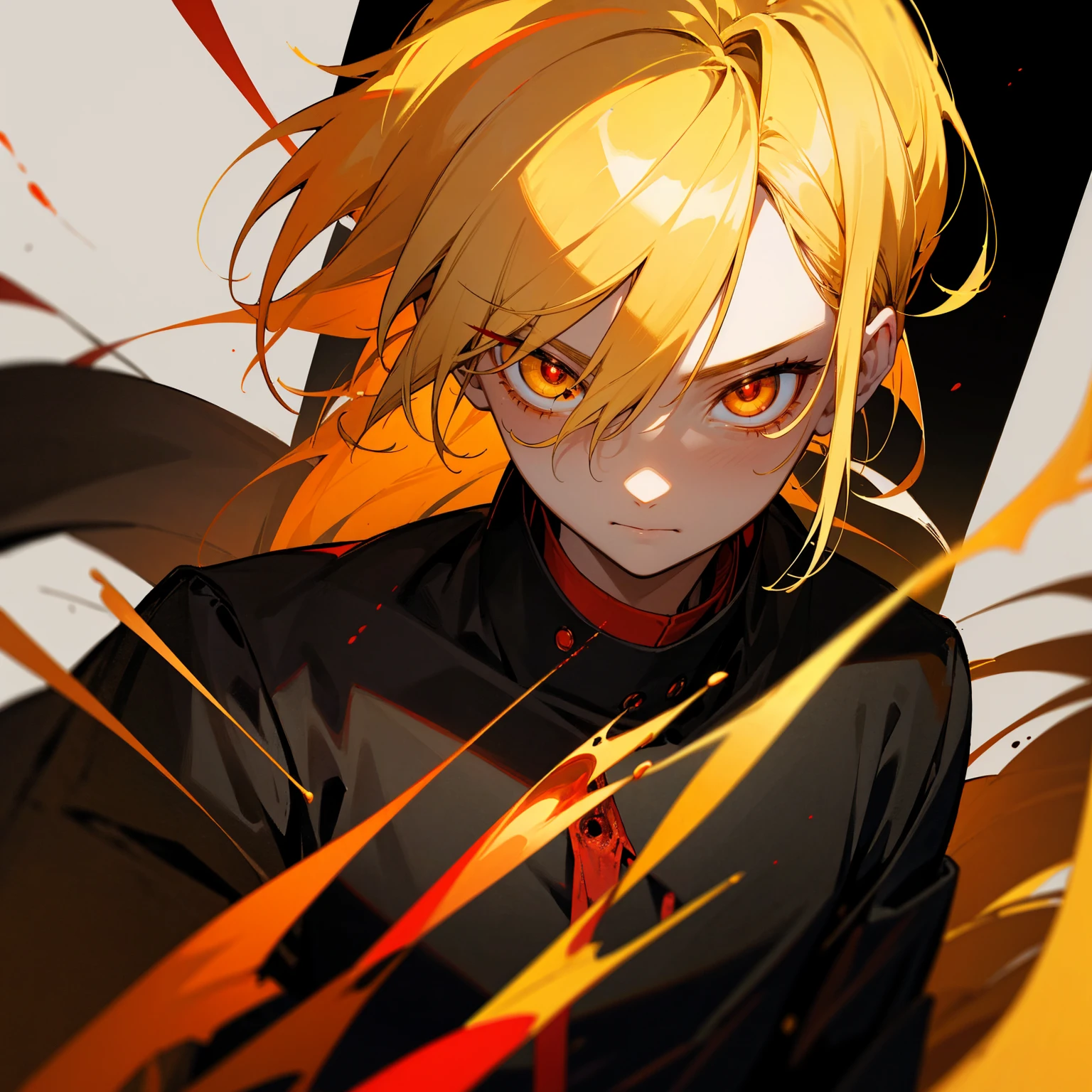 Black background, behind there is a big red eye, blood coming out of the big eye, in the front there is a boy, yellow eyes, yellow hair, tense features, mystery, upper body.