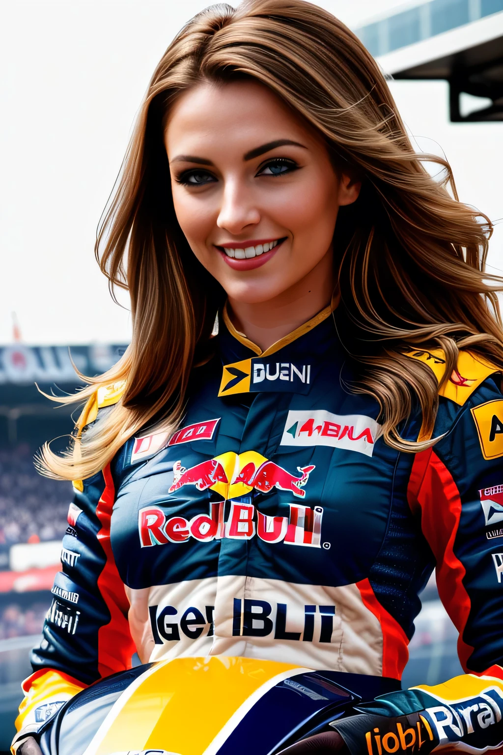 (best quality,highres,ultra-detailed),beautiful girl,light brown hair,green eyes,Imola F1 grand prix,girl wearing an edecan redbull outfit,portrait,studio lighting,realistic,vivid colors,lively atmosphere,exciting race,f ast F1 ((redbull f1 car)) ,instant action,thrilling moments,cheering crowd,breathtaking speed,curved tracks,impressive circuits,innovative technology,spectacular view,energetic atmosphere,smiling face,dynamic poses,confident attitude,graceful presence,positive energy,excitement in the air,passionate fans,exciting race cars,racing roars,speedy turns,captivating beauty,celebrating victory,unforgettable experience,adrenaline rush,memorable moments.