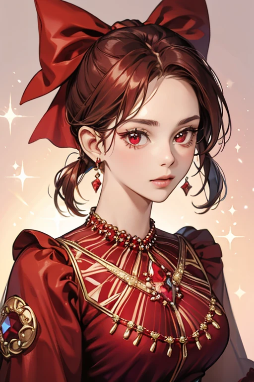 wearing red bow and a beaded necklace with a big garnet gem attached to it. SPARKLE; GLITTER