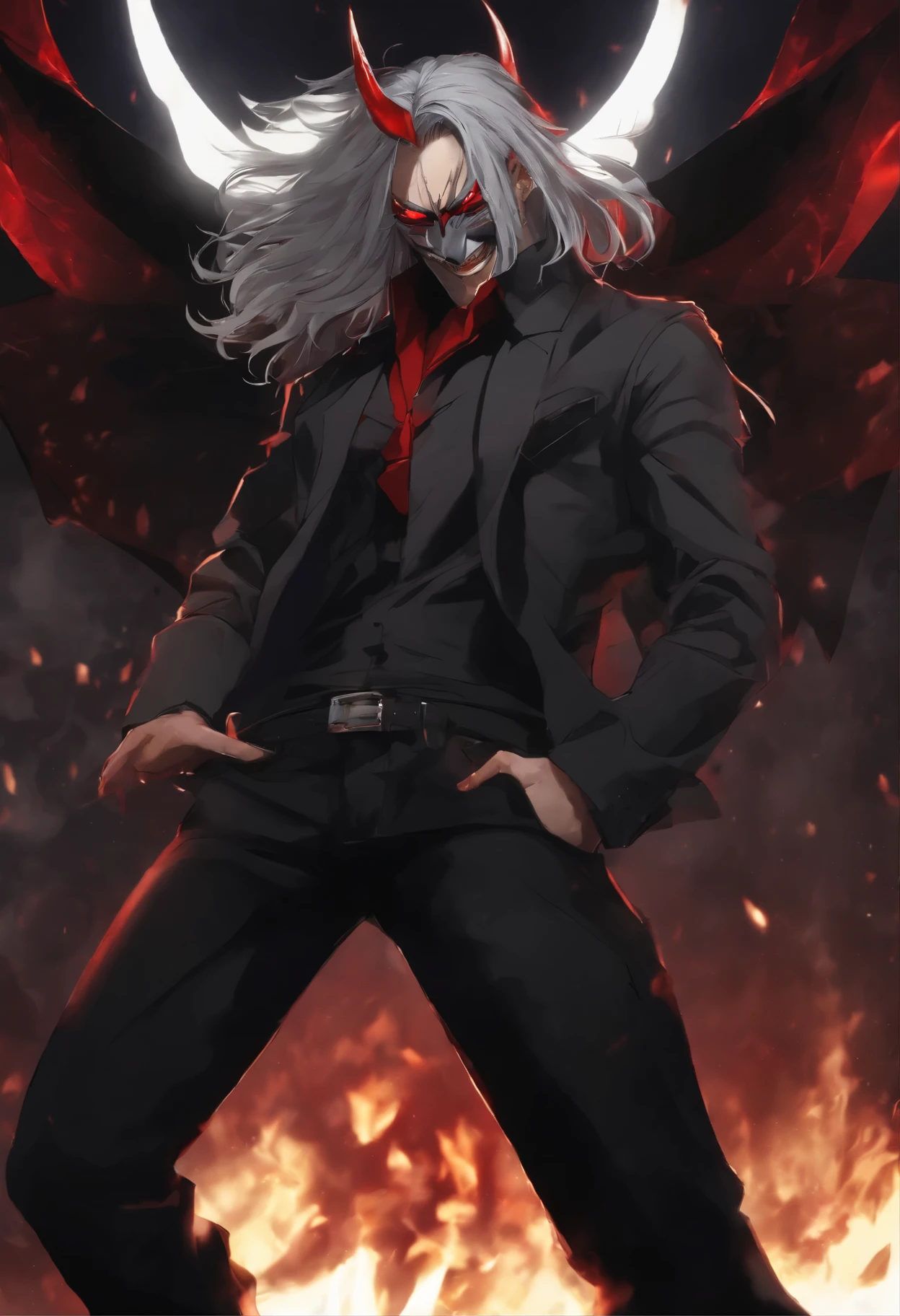 1 anime men, grey long hair, nasty smile. demon red eyes, wearing demon mask, waring black jacket, black jean pant, looking viewers, absurdres hight res, ultrasharp, 9k, maste, dark background