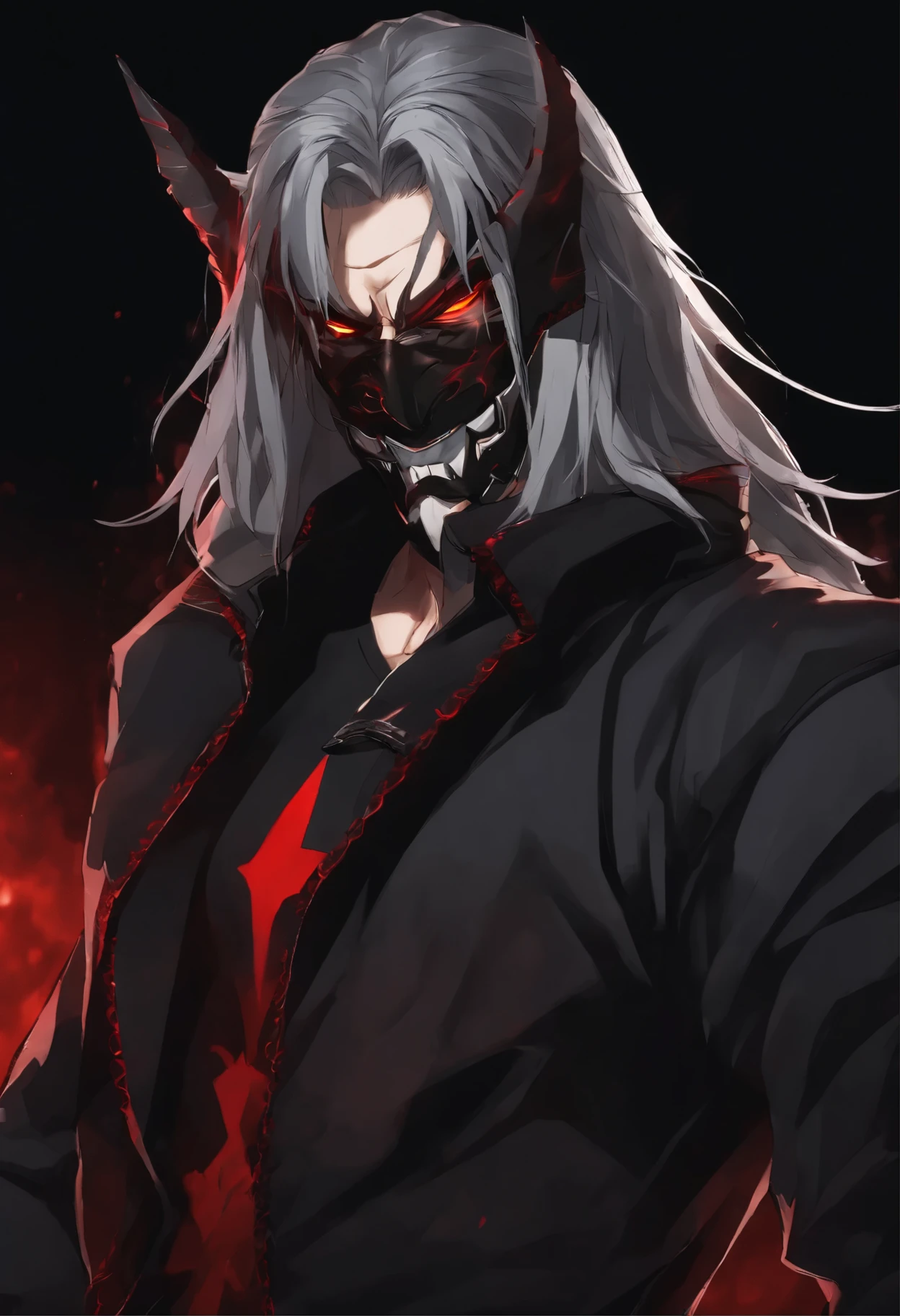 1 anime men, grey long hair, nasty smile. demon red eyes, wearing demon mask, waring black jacket, black jean pant, looking viewers, absurdres hight res, ultrasharp, 9k, maste, dark background