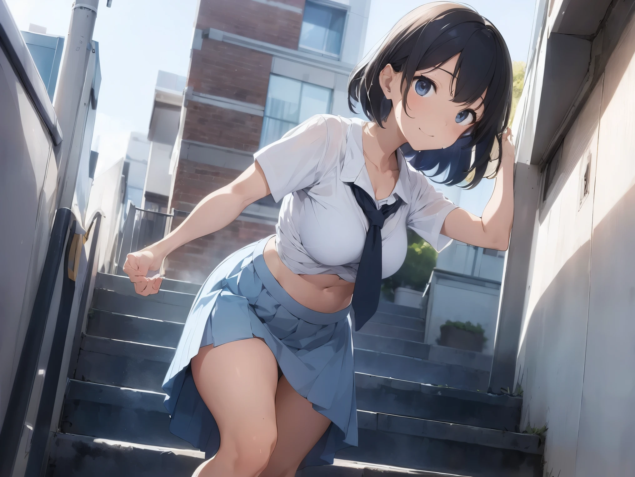 in long skirt、Steep stairs at school、Shirt clinging to no-bra 、Cute white underwear showing off a lifted skirt、Light blue color、Sweaty shirt
