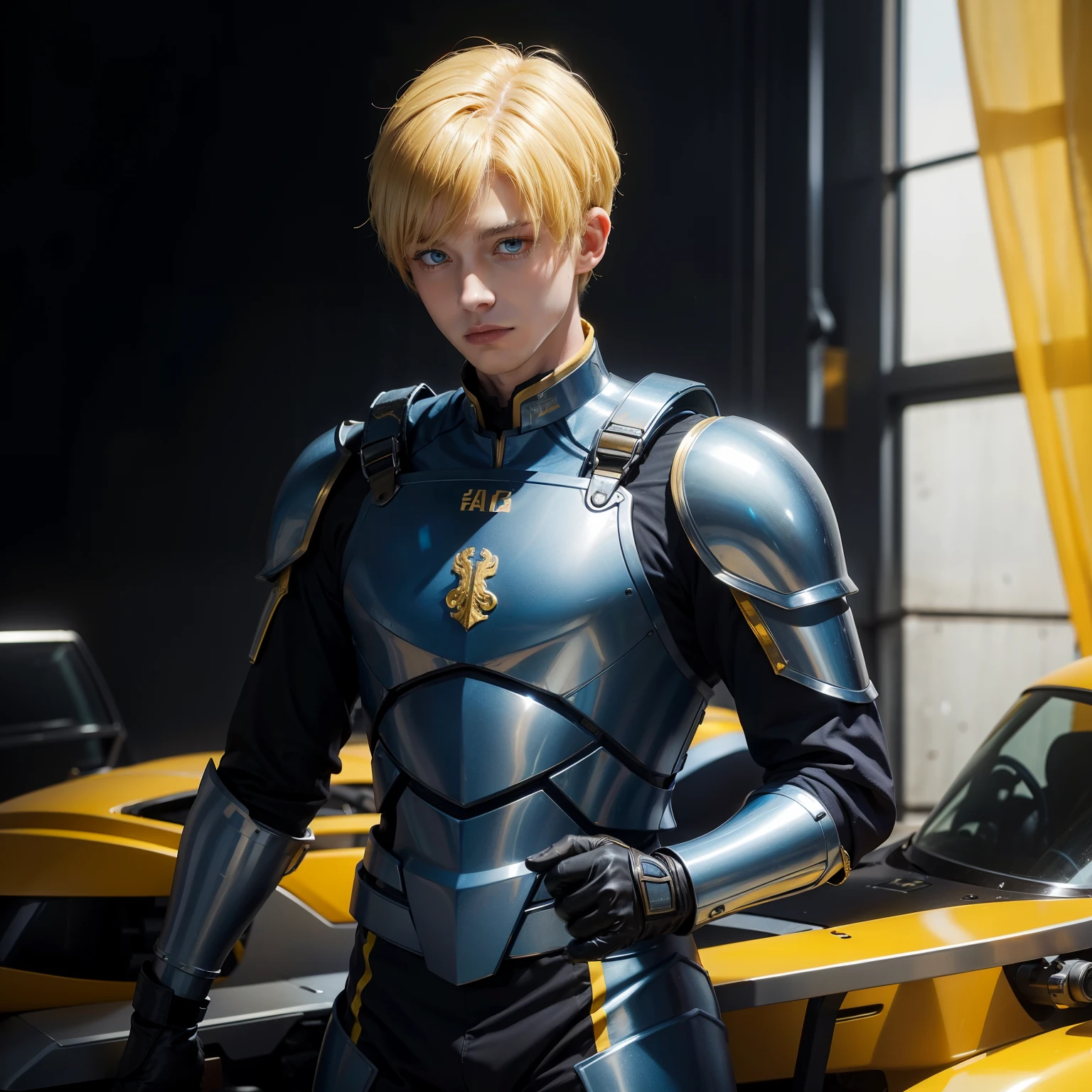 Young guy, short Yellow hair, blue eyes, prince, Cammo Armor Suit, at hangar, Masterpiece, hiquality