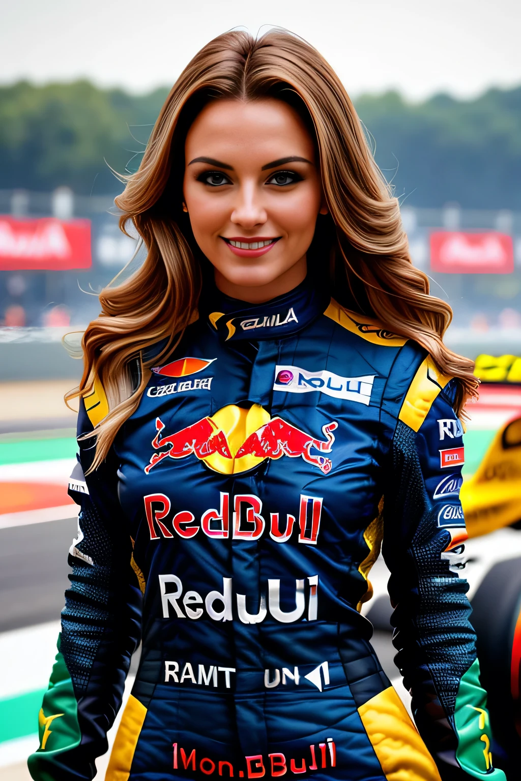 (best quality,highres,ultra-detailed),beautiful girl,light brown hair,green eyes,Imola F1 grand prix,girl wearing an edecan redbull outfit,portrait,studio lighting,realistic,vivid colors,lively atmosphere,exciting race,fast F1 ((redbull f1 car)) ,instant action,thrilling moments,cheering crowd,breathtaking speed,curved tracks,impressive circuits,innovative technology,spectacular view,energetic atmosphere,smiling face,dynamic poses,confident attitude,graceful presence,positive energy,excitement in the air,passionate fans,exciting race cars,racing roars,speedy turns,captivating beauty,celebrating victory,unforgettable experience,adrenaline rush,memorable moments.