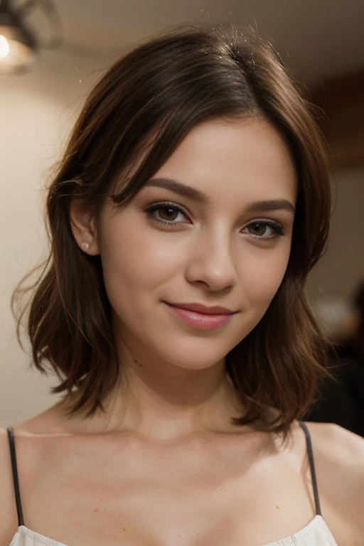 25 ans, brune, yeux marrons, delicate, professional light, flash lit, poudre de contour, sexy, French touch, cheveux de longueur moyenne, grains de beauté, sourire romantique, Seductive look, pose coquine, bonne couverture, de nuit, éclairée par les flashs des photographes, skin details, pores de la peau, Appareil photo numérique Kodak Smile 10MP, tendance on Behance, colorful clothes, ornement de cheveux, hairclip, cheveux moyens, rougit, (des mains parfaites) , au milieu des flammes, nue, 
