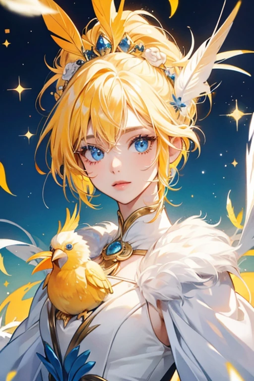 white feathers, blue eyes, yellow hair, and an orange beak. SPARKLE; GLITTER