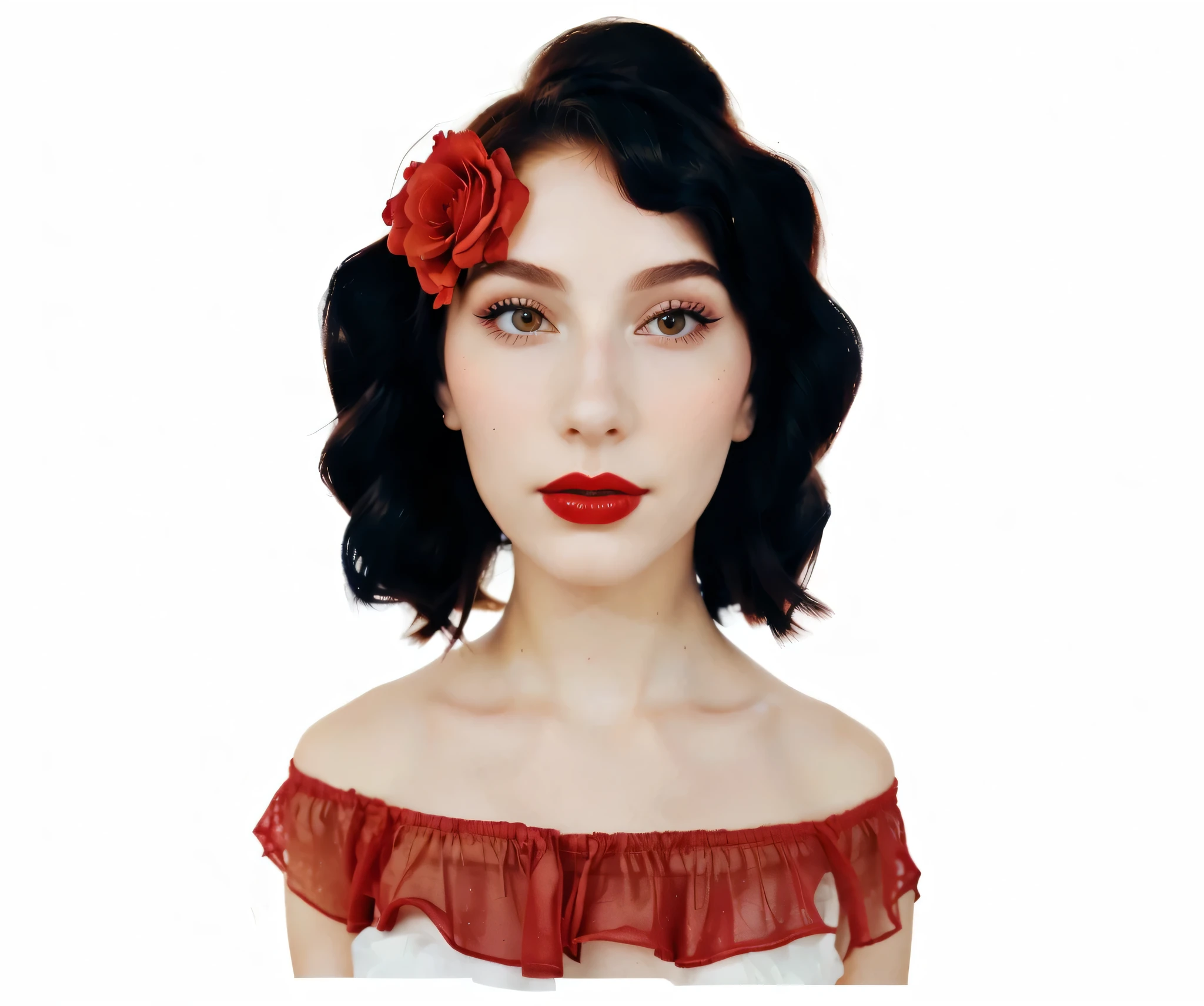 il y a une femme avec une fleur rouge dans les cheveux, Rose rouge dans les cheveux, beautiful surreal young woman, inspired by Grete Stern, visage avec une coiffure de 1 9 2 0, fille avec un capitule, fille avec un visage de fleur, Accentuated feminine features, inspired by Kahlo, inspired by Alberto Vargas, detailed face with red lips