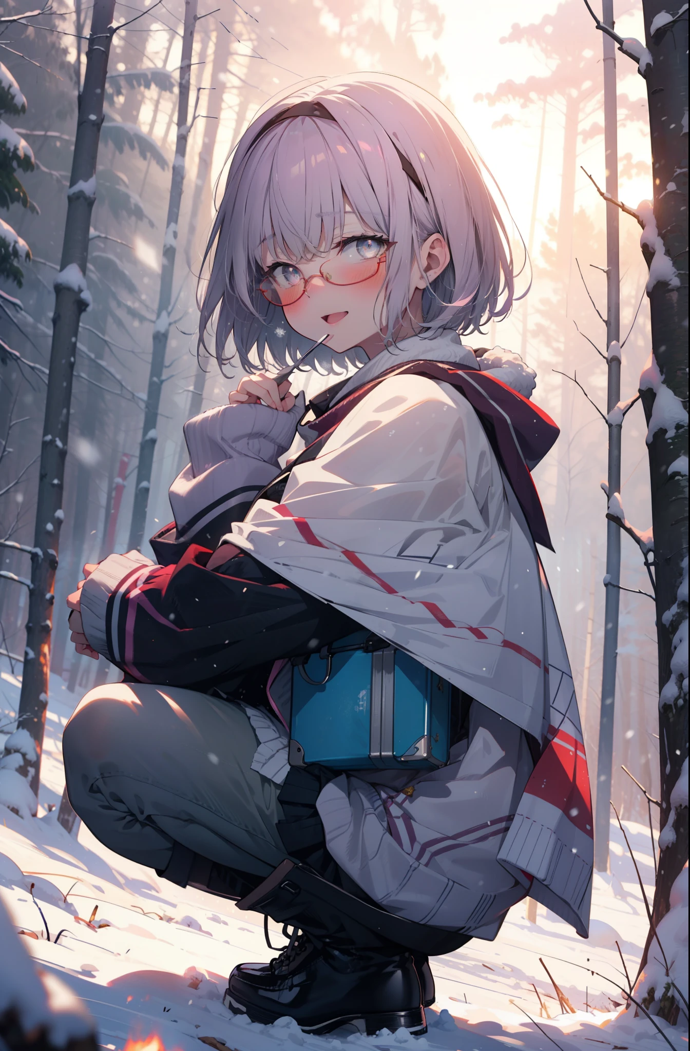 akaneshinjou, shinjou akane, Light purple hair, (Pink Eyes:1.2), short hair,Akagi Glasses,hair band,smile,blush,White Breath,Big Breasts,
Open your mouth,snow,Ground bonfire, Outdoor, boots, snowing, From the side, wood, suitcase, Cape, Blurred, having meal, forest, White handbag, nature,  Squat, Mouth closed, Cape, winter, Written boundary depth, Black shoes, red Cape break looking at viewer, Upper Body, whole body, break Outdoor, forest, nature, break (masterpiece:1.2), highest quality, High resolution, unity 8k wallpaper, (shape:0.8), (Beautiful and beautiful eyes:1.6), Highly detailed face, Perfect lighting, Extremely detailed CG, (Perfect hands, Perfect Anatomy),