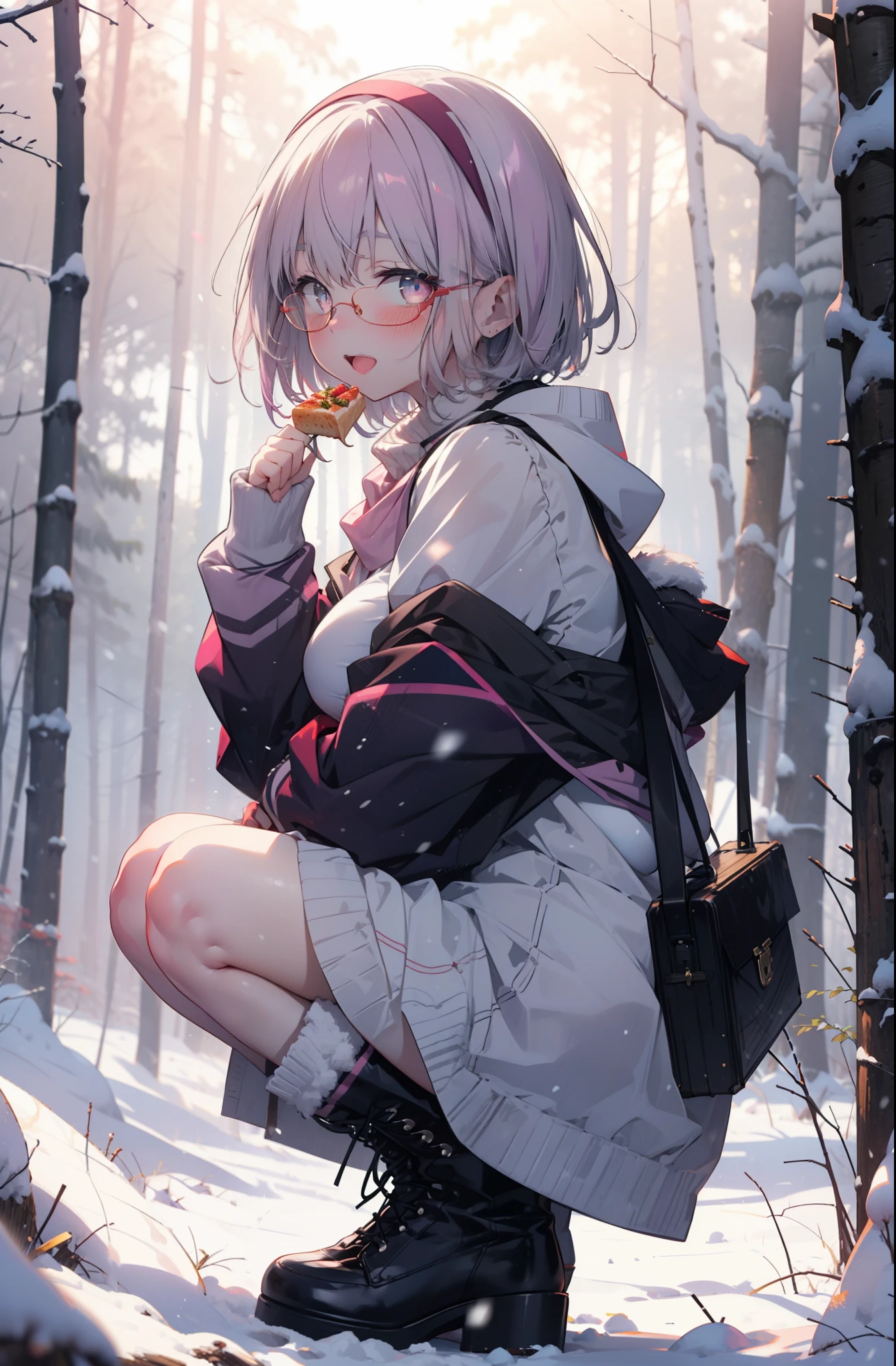 akaneshinjou, shinjou akane, Light purple hair, (Pink Eyes:1.2), short hair,Akagi Glasses,hair band,smile,blush,White Breath,Big Breasts,
Open your mouth,snow,Ground bonfire, Outdoor, boots, snowing, From the side, wood, suitcase, Cape, Blurred, having meal, forest, White handbag, nature, Squat, Mouth closed, Cape, winter, Written boundary depth, Black shoes, red Cape break looking at viewer, Upper Body, whole body, break Outdoor, forest, nature, break (masterpiece:1.2), highest quality, High resolution, unity 8k wallpaper, (shape:0.8), (Beautiful and beautiful eyes:1.6), Highly detailed face, Perfect lighting, Extremely detailed CG, (Perfect hands, Perfect Anatomy),