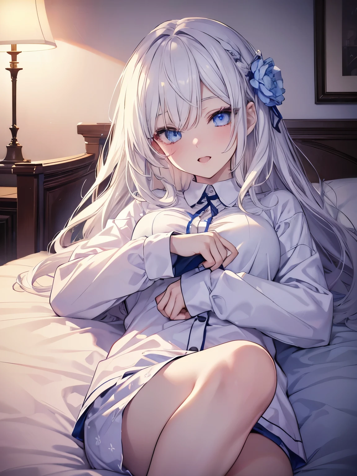 Masutepiece, Highest Quality, (Perfect face:1.1), (high detailing:1.1), (ultradetailed eyes), Dramatic,superfine illustration,Extremely detailed,1girl in,teenager,pale skin,long white hair,Ethereal eyes,Blue eyes, With eyes highlights,Solo,Smile,Happy,Laugh,Enjoy, Open mouth,Pouty lips,Cinematic lighting, Cowboy Shot, pajamas, sleeping,indoor,lying on back,bedroom,midnight