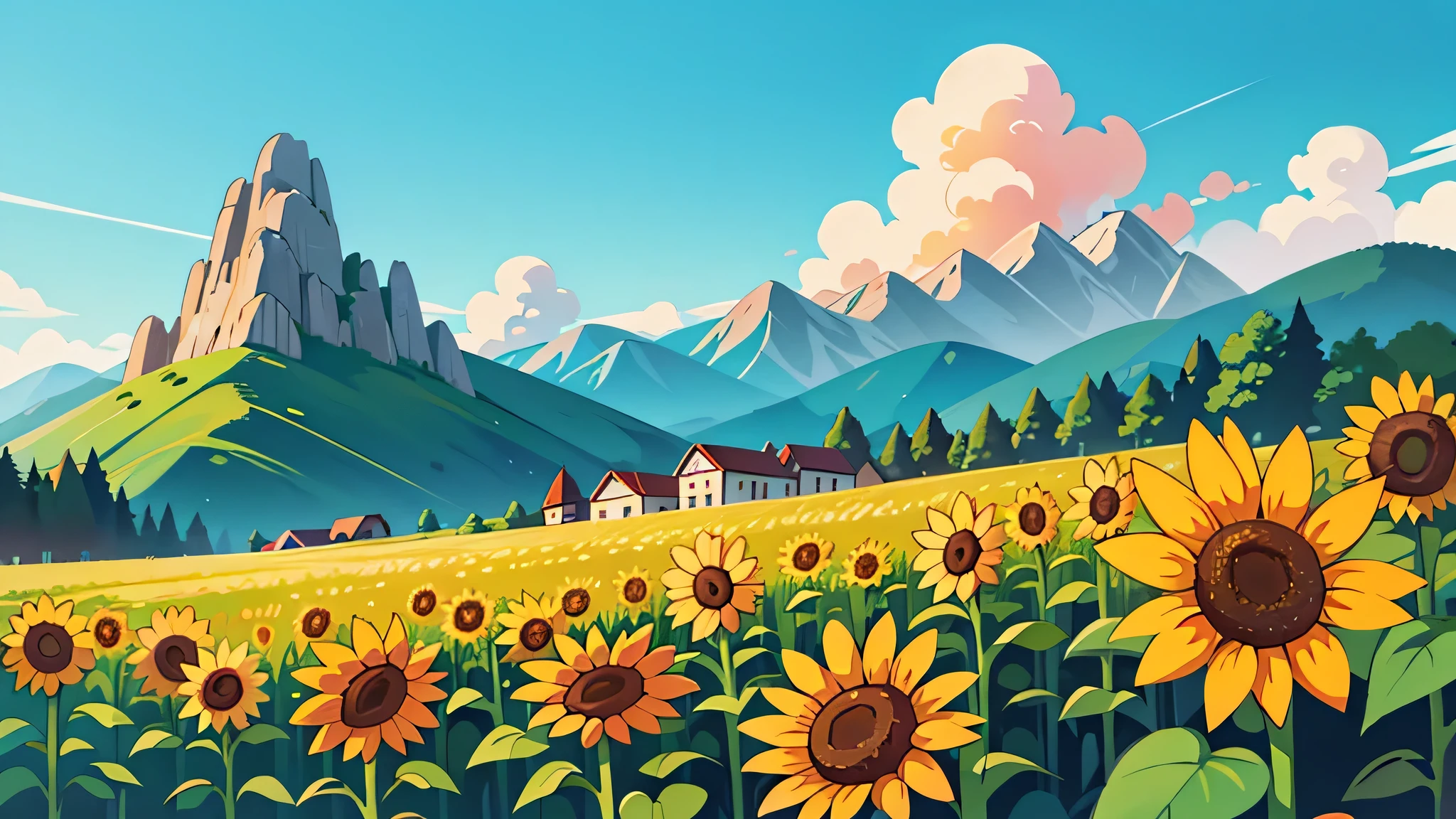 generates a beautiful field of sunflowers and mountains a beautiful landscape
